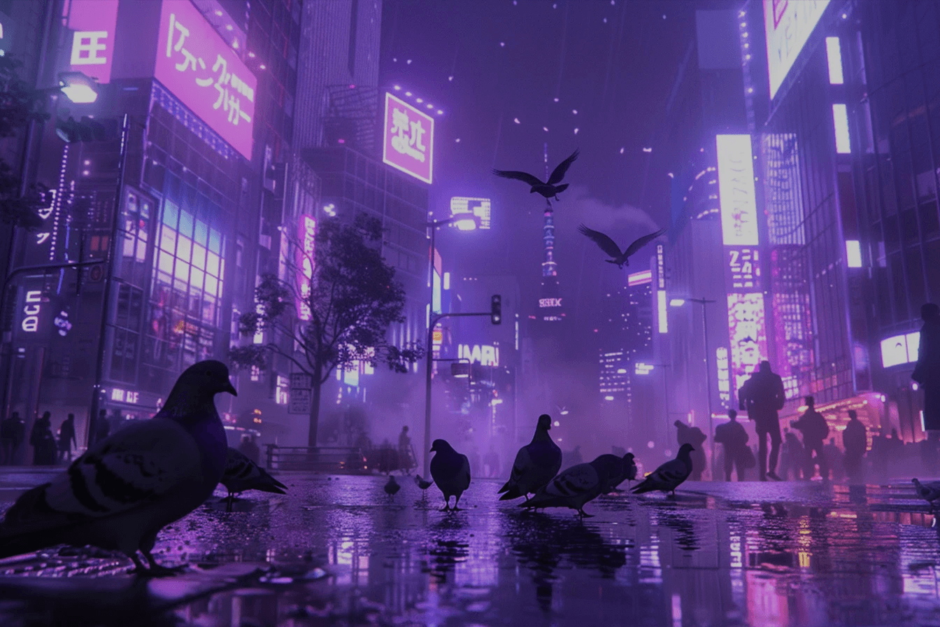 Holubi na mokré ulici v nočním městě