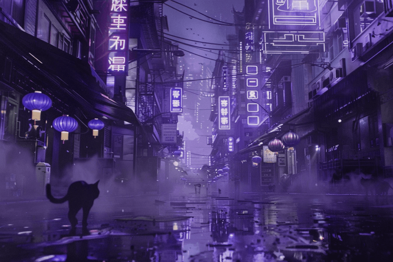 Neonová městská ulice s kočkou